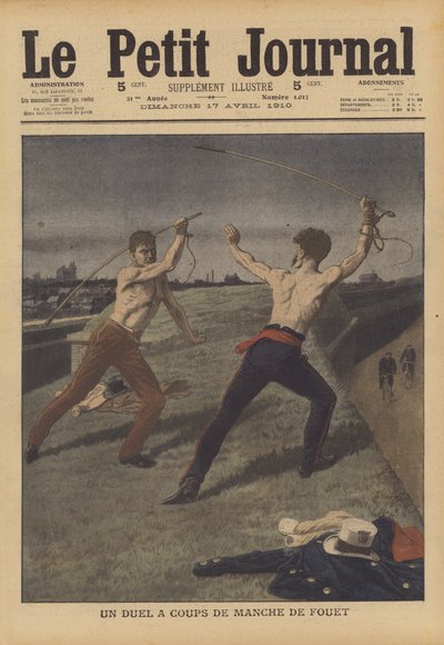 Två taxichaufförer utkämpar en duell med sina hästpiskor (färg litho) av French School