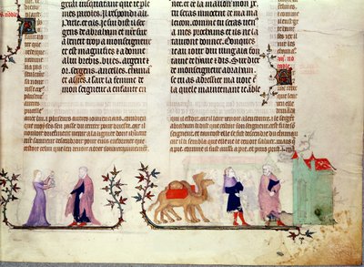Två scener ur berättelsen om Rebecca vid brunnen, från The Bible of Jean de Sy, c.1355 av French School