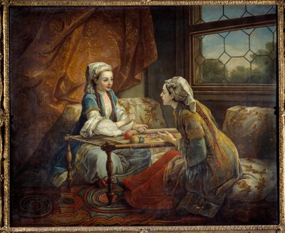 Två sultaner som arbetar i en gobeläng. Målning av den franska skolan av French School
