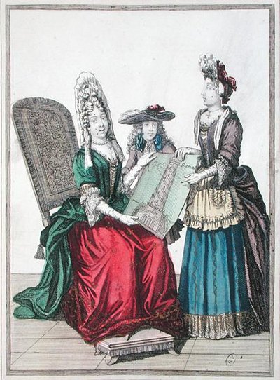 Två kvinnor och en pojke beundrar ett tryck av Alexandrias stora fyr, sent 1600-tal (kolorerat gravyr) av French School