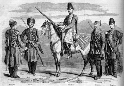 Typer och uniformer för den speciella eskorten av Rysslands kejsare. Från vänster till höger: Trumpet, kosack, muslim, tjerkassisk och lesgisk. Gravyr i "" Le Monde Illustré"" nr 153 av 17 mars 1860. av French School