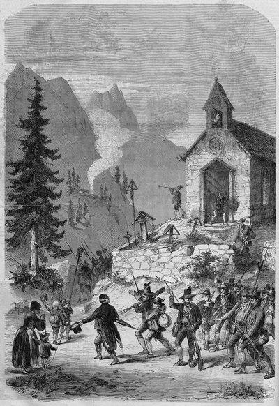 Tyrolen, platsen för återkomsten av den österrikiska arméns tyrolska trupper, i oktober 1866. Gravyr av French School