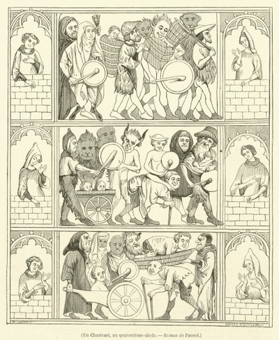 Un Charivari, au quatorzieme siecle, Roman de Fauvel (gravyr) av French School