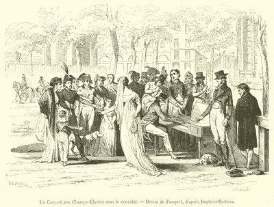 En konsert på Champs-Elysees under konsulatet (gravyr) av French School