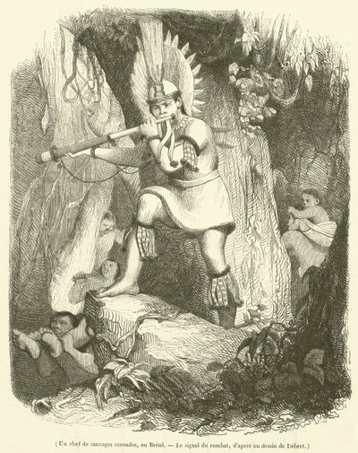 En chef för Coroados Savages, i Brasilien, The Signal for Combat (gravyr) av French School