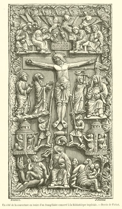 Ena sidan av elfenbensomslaget till ett evangelium bevarat i det kejserliga biblioteket (gravyr) av French School