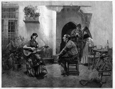 Under förtrollningen: en man som med beundran lyssnar på en ung spansk flicka som spelar gitarr. Gravyr efter målningen av Jules Worms (1832-1914) i "The Illustrious World", 1 maj av French School