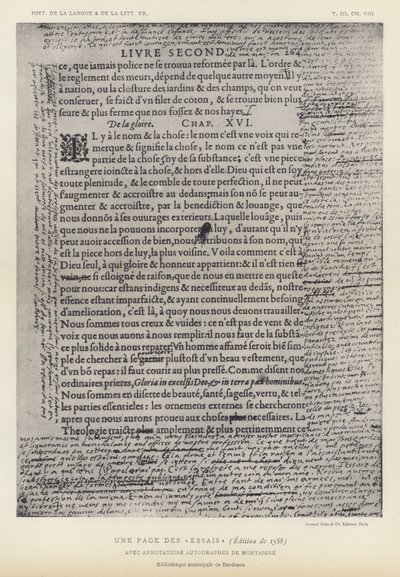 A Page From The Essays, 1588 Edition, med autografkommentarer av Montaigne (litho) av French School