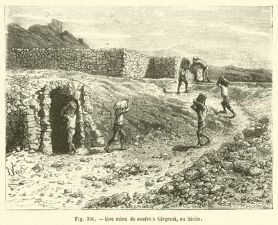 En svavelgruva i Girgenti, Sicilien (gravyr) av French School