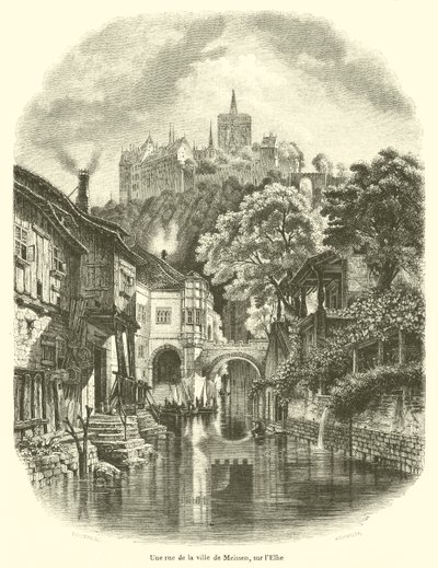 En gata i staden Meissen, på Elbe (gravyr) av French School