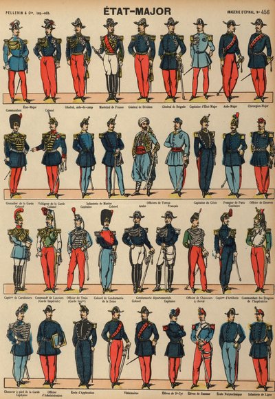 Franska militärens uniformer (färgad gravyr) av French School
