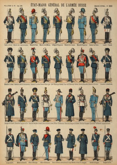 Uniformer av den ryska armén (färgad gravyr) av French School