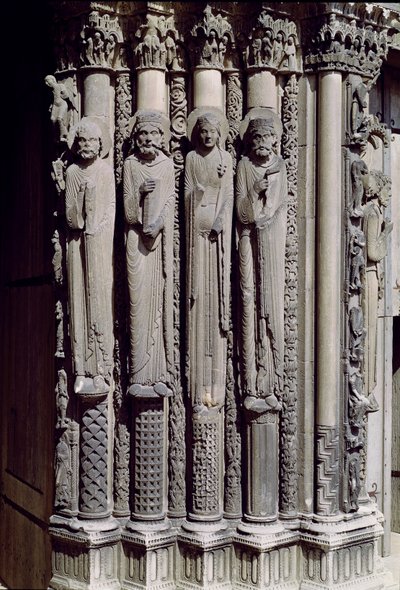 Okänd figur, kung Salomo, drottningen av Saba och kung David, jambfigurer från den kungliga portalen, 1140-55 av French School