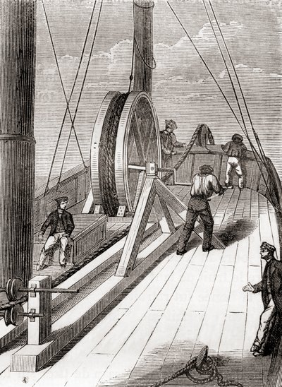 Avveckling av ubåtskabeln från Dover till Calais ombord på Blazer, 25 december 1851, från Les Merveilles de la Science, publicerad ca 1870 (gravyr) av French School