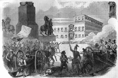 Uppror i Bologna: störtande av den påvliga regeringen under påven Gregoire XVI från 1831 till 1846. Gravyr i "Histoire des Papes-Rois-Queen and Empereurs a travers les centuries" av Maurice Lachatre av French School