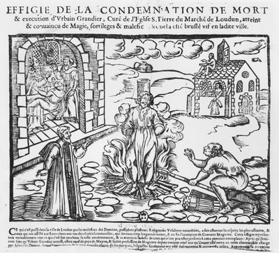 Urbain Grandier brändes på bål efter händelserna i Louduns innehav, 1634 (trästick) av French School