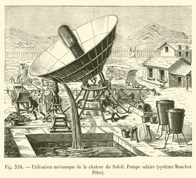 Mekanisk användning av solens värme, solpump, Mouchot-Pifre-system (gravyr) av French School
