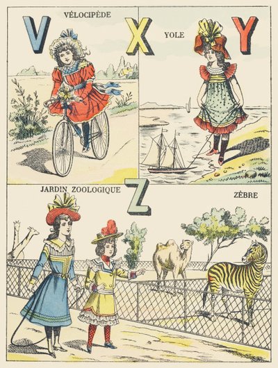V X Y Z: velociped, yole, zoologisk trädgård, zebra av French School