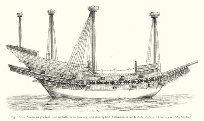 Fartyg med, på sitt nedre batteri, en flamländsk inskription, med datum 1523, vid Armeria real de Madrid (gravyr) av French School