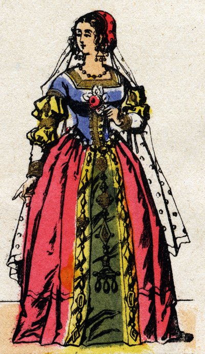 Valois-dynastin: Porträtt av Eleonore av Habsburg eller Österrike (1498-1558) Frankrikes drottning, fru till Francois I (1494-1547). Epinal avbildning från slutet av 1800-talet. Privat samling. av French School