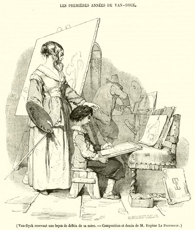 Van-Dyck får en teckningslektion av sin mamma (gravyr) av French School