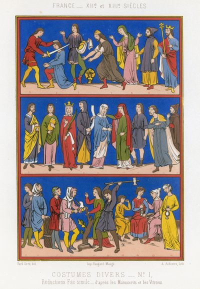 Olika dräkter från 1100- och 1200-talets Frankrike av French School