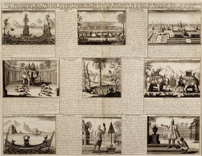 Olika vyer av Siam och Ayutthaya, från Du Royaume de Siam av Simon de la Loubere, publicerad 1688 av French School