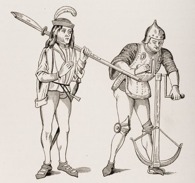 Varlet eller Squire som bär en tjockbladig hellebard och en bågskytt som drar ett armborstsnöre med dubbelhandsvinsch, efter en miniatyr från 1400-talet, från Le Moyen Age et La Renaissance av Paul Lacroix ( av French School