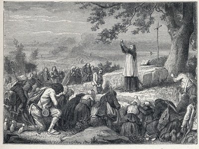 Vendee Wars (1793-1796): Präst-insatser som firar en mässa under en ek för den upproriska befolkningen som avvisar svurna präster. Gravyr från 1889. Privat samling. av French School