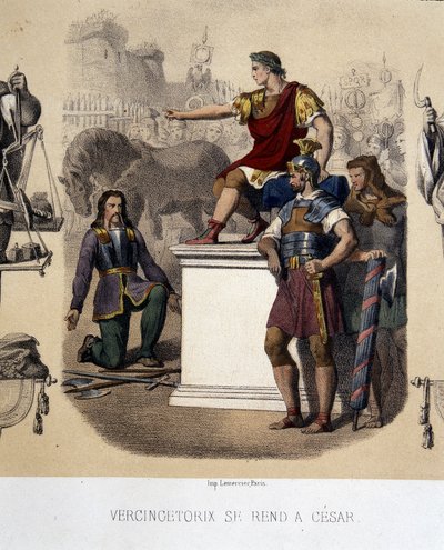 Vercingetorix går till Caesar (52 f.Kr.). av French School