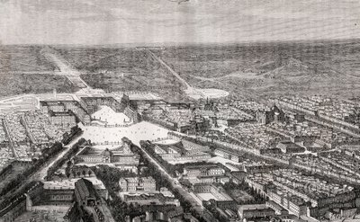 Versailles med sitt slott på 1800-talet - gravyr i "La France illustree: geografi, historia, statistisk administration" av V.A. Malt-brunt. 1884 av French School