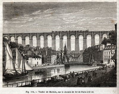 Morlaix Viaduct, på järnvägen från Paris till Brest (Frankrike). Gravyr av Lebreton et Marchand, i "" Les Merveilles de la Science"" av Louis Figuier (1819-1894), Jouvet et Cie-upplagan av French School