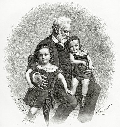 Victor Hugo och hans barnbarn, 1800-talet (bw gravyr) av French School