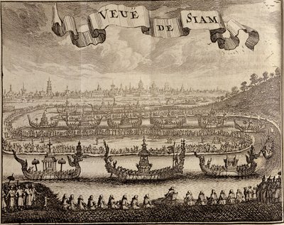 Utsikt över Ayutthaya med kungliga pråmar, från Voyage du Siam des Peres Jesuites av Guy Tachard, 1688 av French School