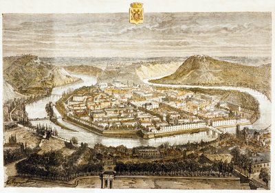 Vy över Besançon, Frankrike (färggravyr) av French School