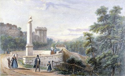 Vy över slottet Dinan och statyn av Duclos Pinot. Illustration från 1800-talet bevarad på museet i Dinan. av French School