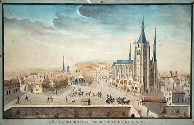 Utsikt över Dourdan av en fånge, ca 1800 (wc på papper) av French School