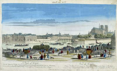 Utsikt över Paris och Notre-Dame (Notre Dame), med hamnen på Ile St Louis - gravyr av French School