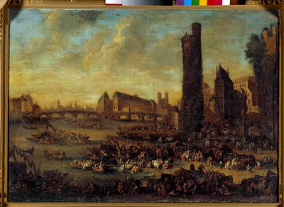 Utsikt över Paris från Côte de la Cite tagen från Tour de Nesles-målningen av den franska skolan. 1650 Sön. 0,59 x 0,82m Versailles. Slottsmuseet av French School