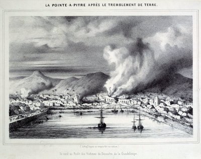 Utsikt över Pointe a Pitre (Pointe-a-Pitre) efter jordbävningen den 8/02/1843. Gravyr av 1800-talets Chartres, Musee des Beaux Arts av French School