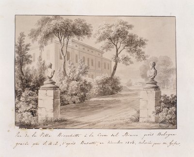 Vy över Villa Bianchetti i Croce del Biacco nära Bologna, graverad av S.A.I. efter Busatti, färgad av M. Hofer, december 1814 (färgad gravyr) av French School