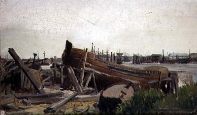 View of a Shipyard, c.1860 (olja på duk) av French School