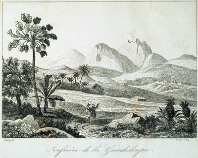 Vy över en soufriere i Guadeloupe. Gravyr från 1800-talet. Chartres, Musee des Beaux Arts av French School