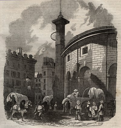 Vy över halle au ble i Paris (byggd 1763-1769) och Medici-kolonnen, gravyr från början av 1800-talet - vete- och majsbyte i Paris (byggd 1763-1769), gravyr tidigt 1800-tal - Vy över Halle au ble, placeras på nuvarande Hotel de Sois av French School