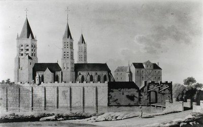 Utsikt över klostret Saint-Germain-des-Pres i början av 1400-talet (litografi) (s/v foto) av French School