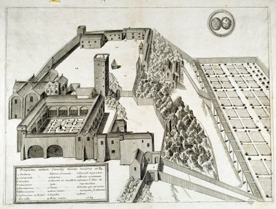 Utsikt över benediktinerklostret Saint Pierre de Montmajour (eller Mont Majour), grundat 948, Arles, Frankrike (gravyr) av French School