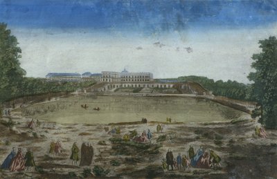 Utsikt över slottet och orangeriet sett från Piece deau des Suisses, Versailles, Frankrike av French School