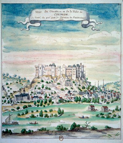 Utsikt över Chateau de Chinon akvarell från den franska skolan. 1699 Paris, B.N. av French School