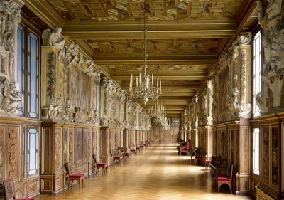 Utsikt över Galerie Francois I, 1528-40 av French School