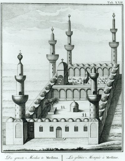 Utsikt över den stora moskén i Medina före skändningen av gravarna av wahhabi-sekten, från Description de lArabie av Carsten Niebuhr (1733-1815) publicerad 1774 av French School